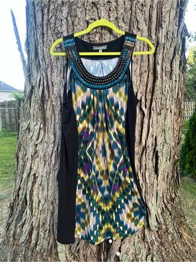 NY Collection Beaded Neckline Dress in Teal, Gold + Purple